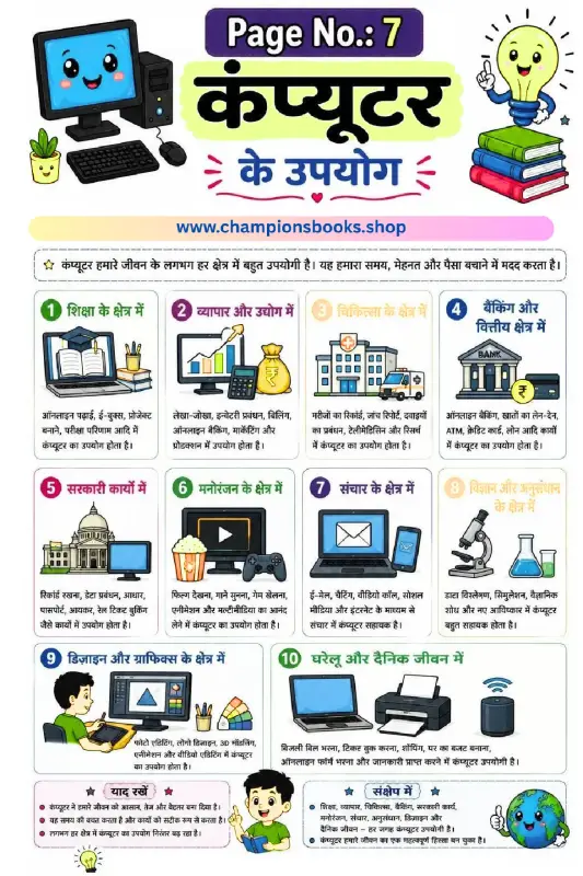 Uses of Computer in Hindi Worksheet for Kids | Grade 3