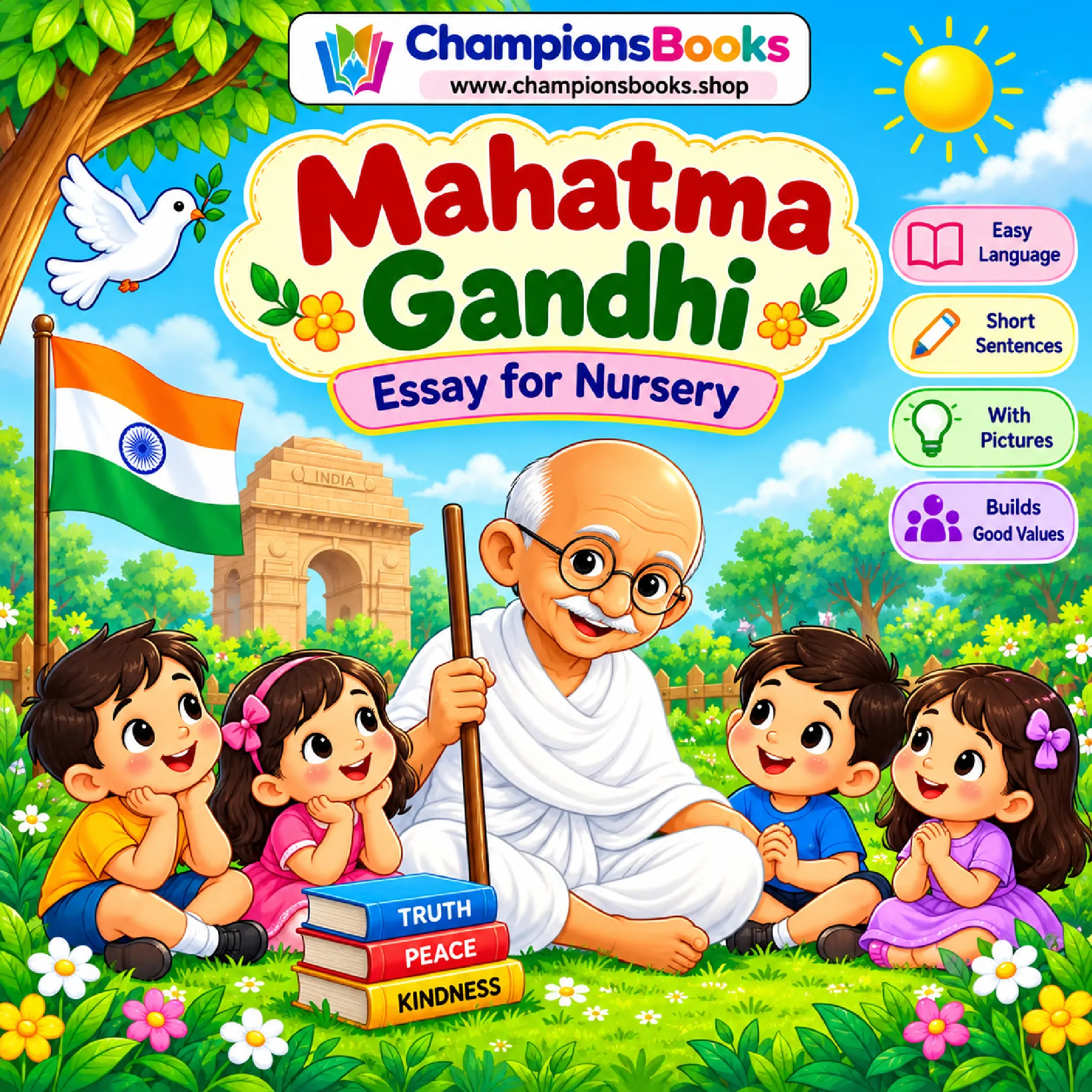 Mahatma Gandhi essay for nursery book cover showing Bapu with kids and Indian flag