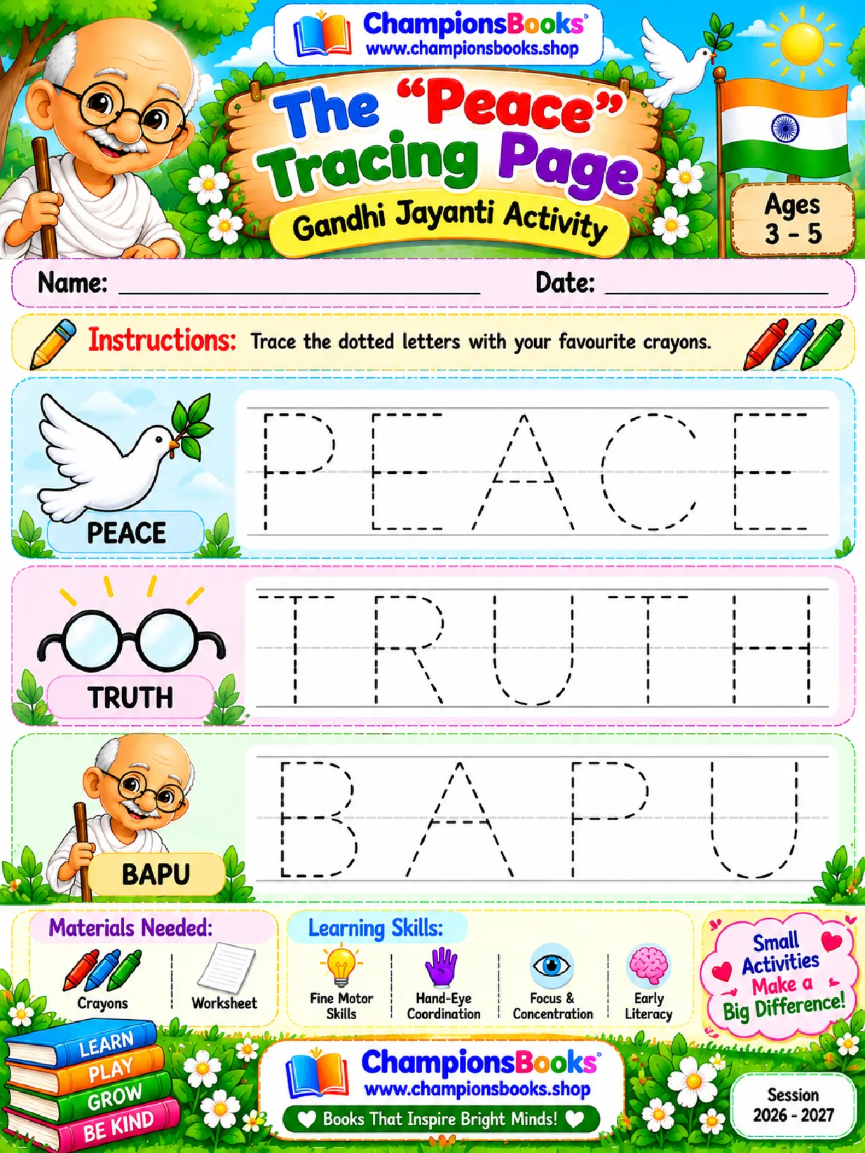 Gandhi Jayanti Tracing Worksheet for Preschool Kids