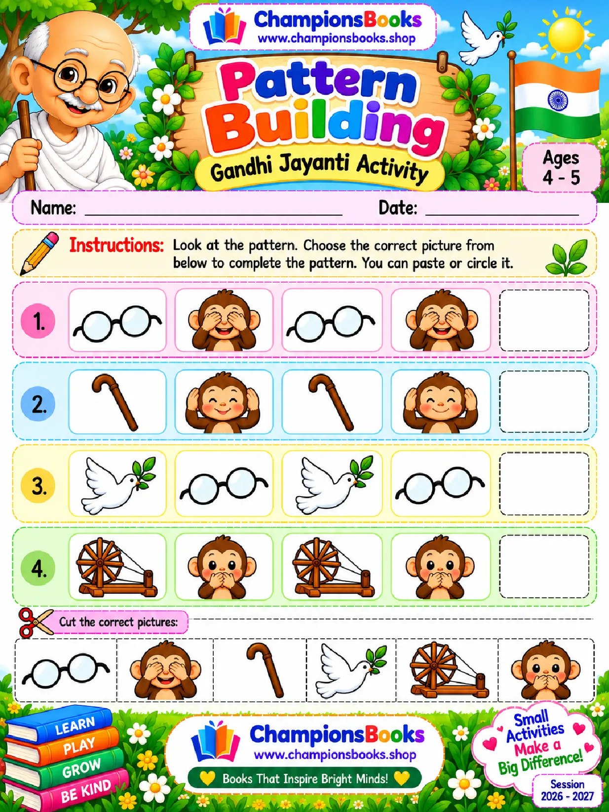 Gandhi Jayanti Pattern Worksheet for Kids | Ages 4-5