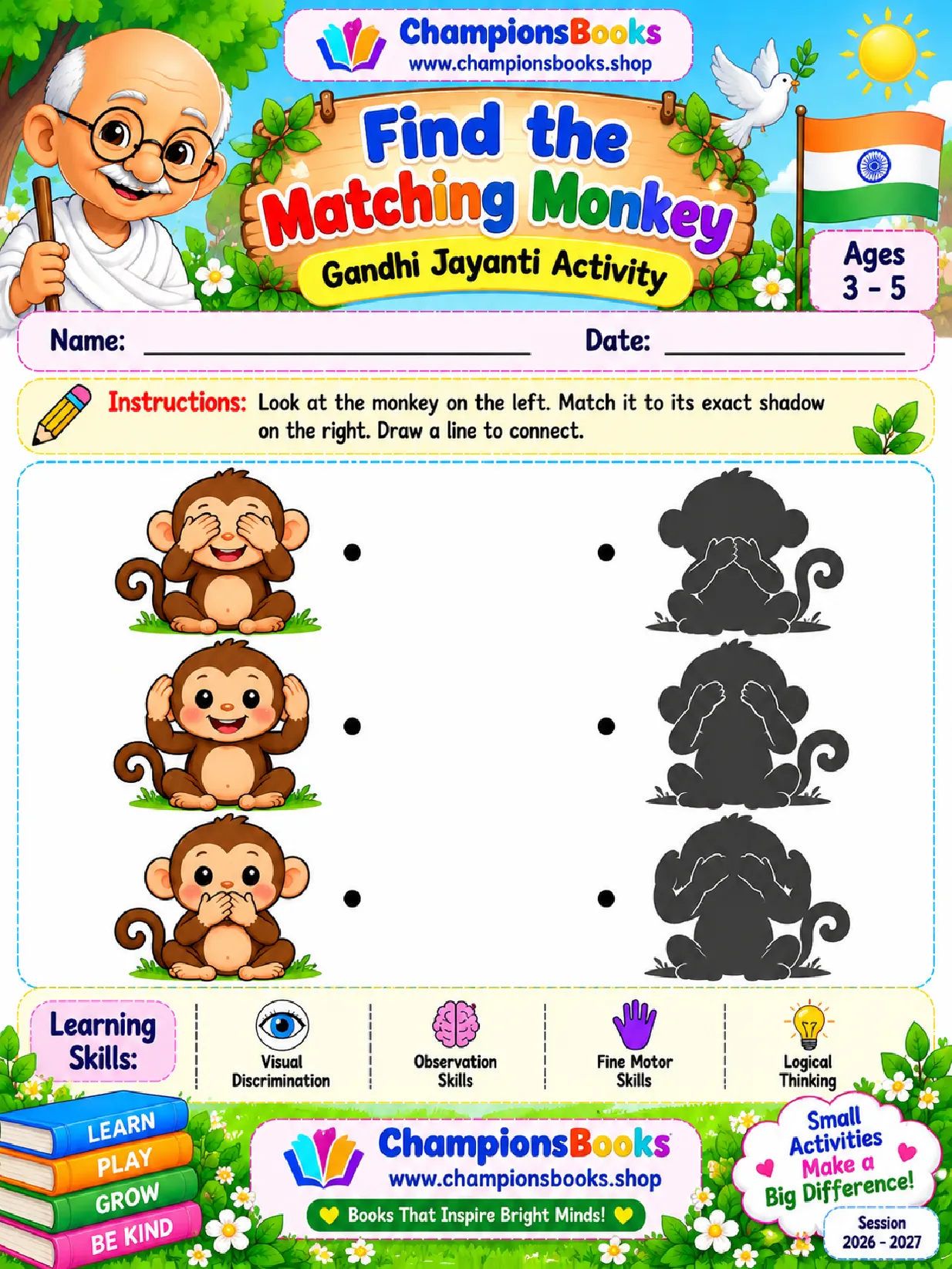 Gandhi Jayanti Matching Activity Worksheet (Ages 3-5)