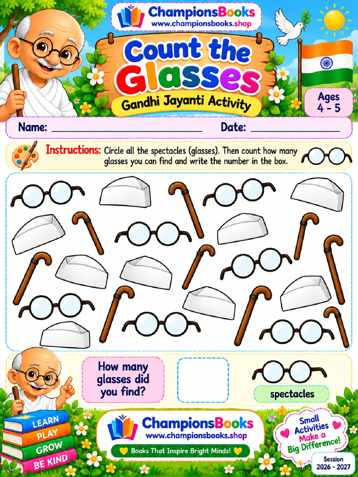 Gandhi Jayanti Counting Worksheet | Count the Glasses