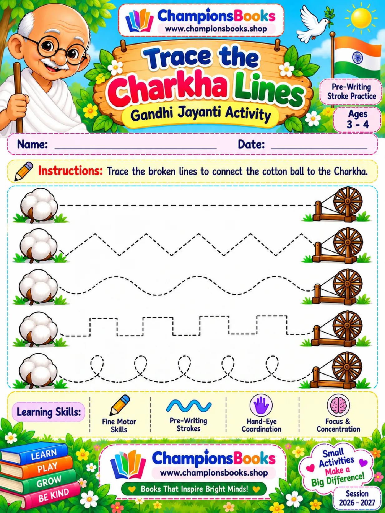 Gandhi Jayanti Tracing Worksheet for Preschool Kids