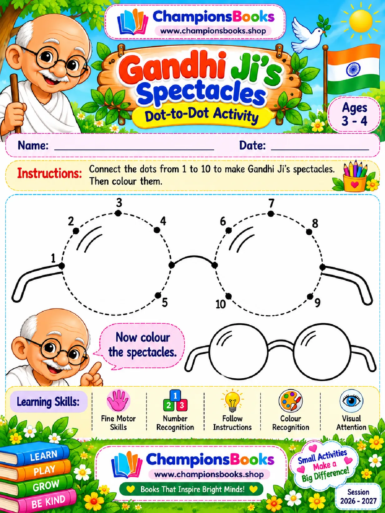 Gandhi Dot to Dot Worksheet for Preschoolers (Ages 3-4)