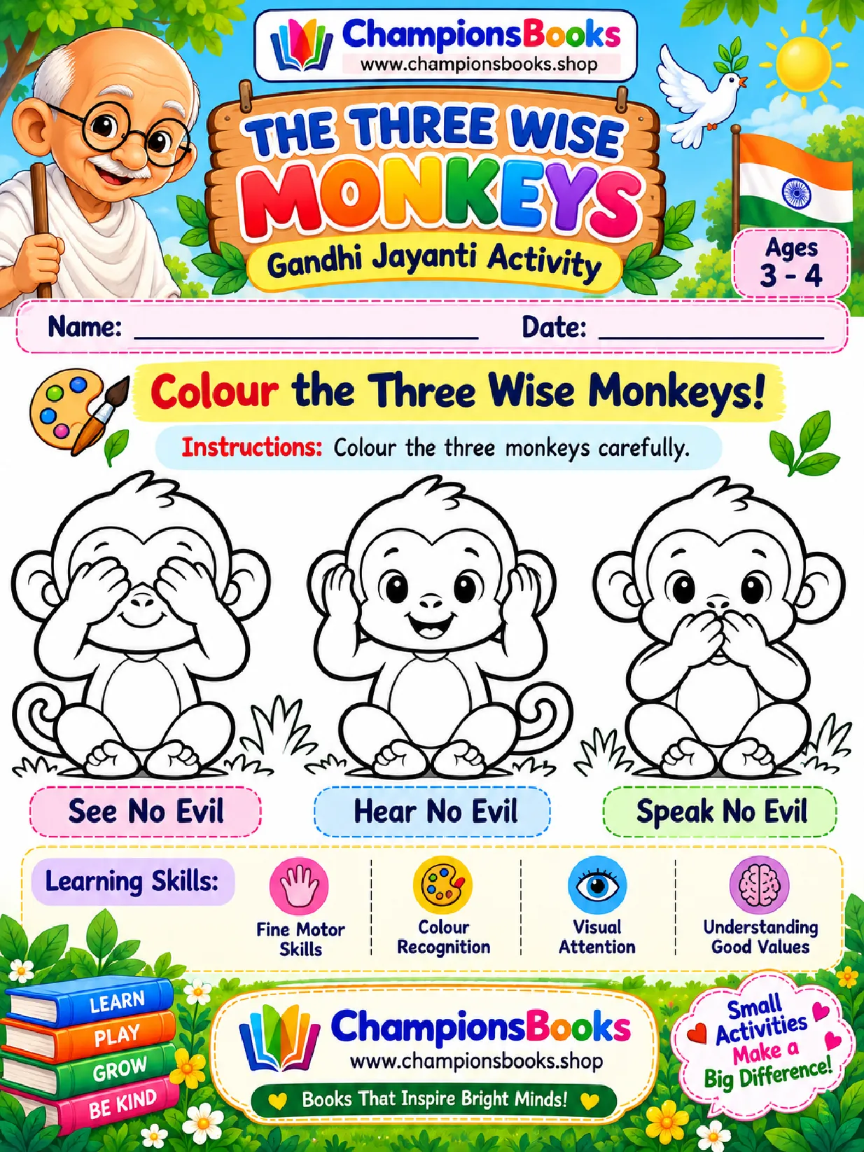 Three Wise Monkeys Coloring Worksheet | Gandhi Jayanti
